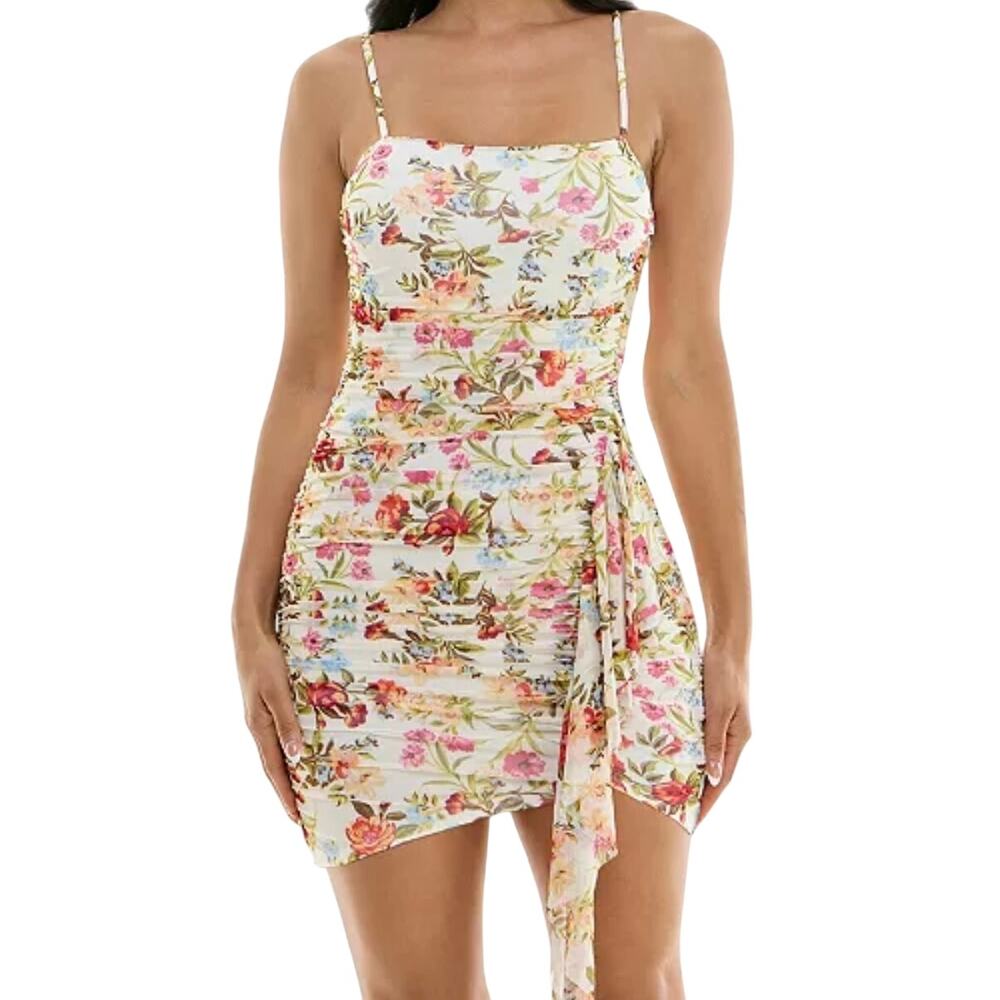 CITY STUDIO FLORAL RUCHED MESH BODYCON DRESS IN CREAM NWT JUNIORS SIZE 5/6 - Picture 1 of 15